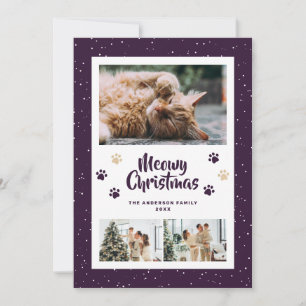 Purple Gold Paws Snow 3 Photo Meowy Christmas Card