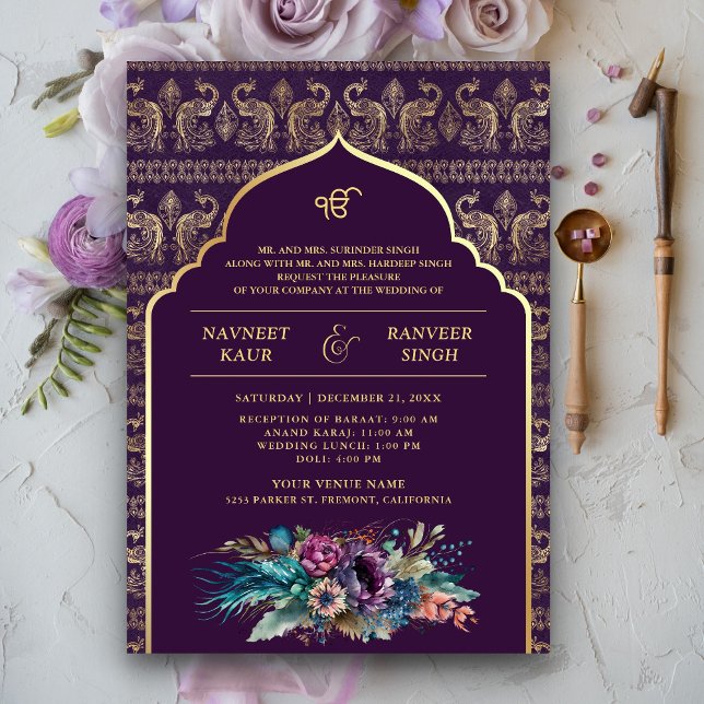 Purple Gold Peacock Anand Karaj Sikh Wedding Invitation (Creator Uploaded)