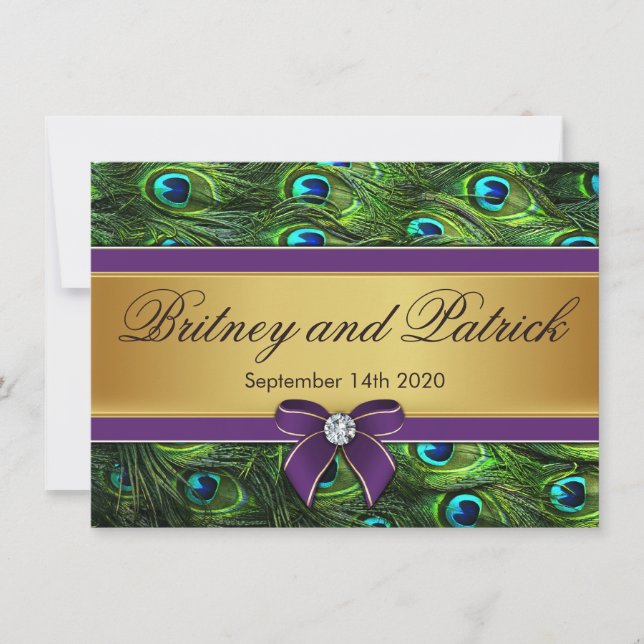 Purple & Gold Peacock Feather Wedding Invitations (Front)