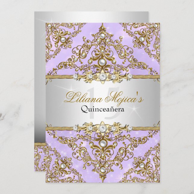 Purple & Gold Pearl Damask Quinceanera Invite (Front/Back)