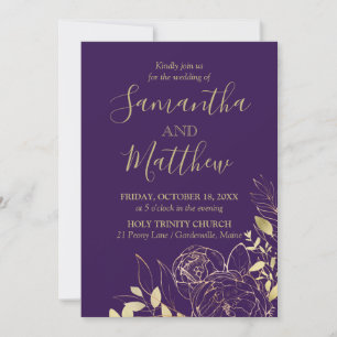 Purple & Gold Peony Modern Floral Wedding Invitation