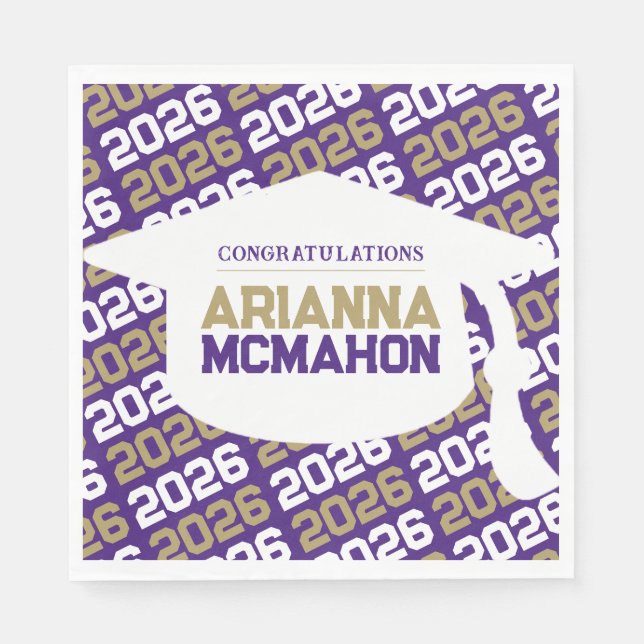 Purple & Gold Personalised Graduation Cap Paper Napkin (Front)