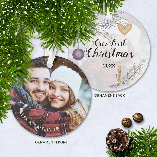 Purple Gold Personalised Our First Christmas PHOTO Ornament (Keepsake First Christmas Couple's Photo Ornament with Year)