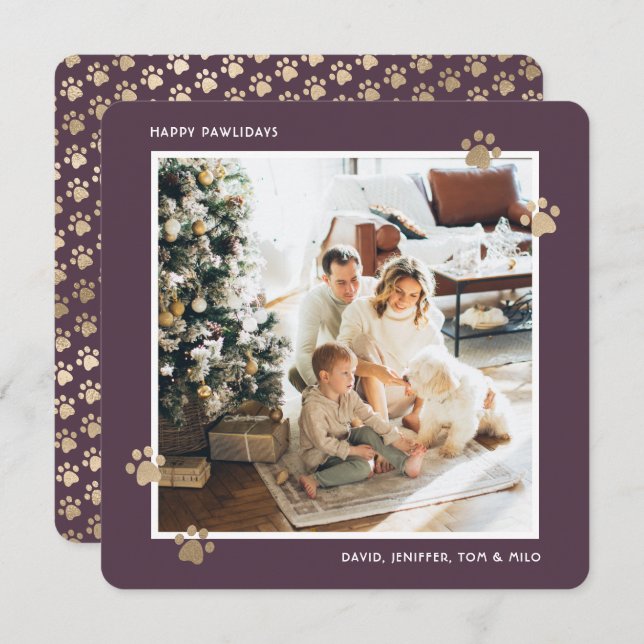 Purple Gold Pet Owner Photo Happy Pawlidays Card (Front/Back)
