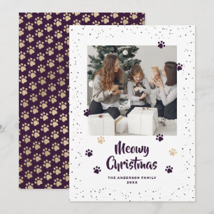 Purple Gold Photo Meowy Christmas Card