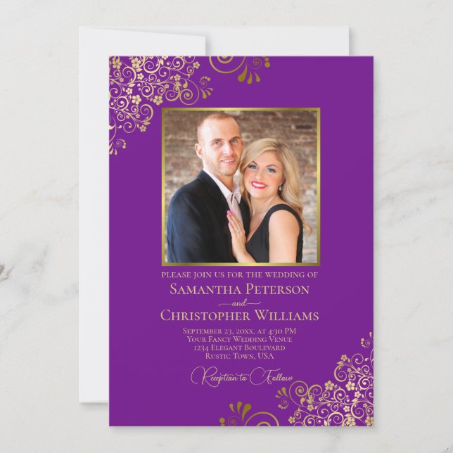 Purple & Gold Photo & QR Code Fancy Wedding Invitation (Front)