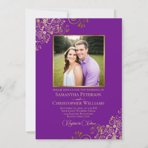 Purple & Gold Photo & QR Code Fancy Wedding Invitation