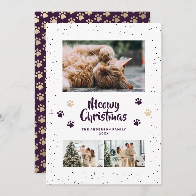 Purple Gold Photo Snow Paws Meowy Christmas Card (Front/Back)