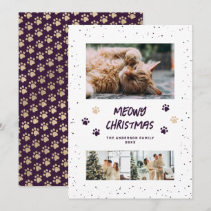Purple Gold Photo Snow Paws Meowy Christmas Card