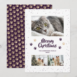 Purple Gold Photo Snow Paws Meowy Christmas Card