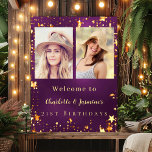 Purple gold photo stars 2 persons birthday welcome poster<br><div class="desc">A photo welcome poster for 2 persons,  friends,  sisters,  twins.  A purple,  uneven coloured background,  decorated with faux gold stars. Personalise and add 2 photos,  names and date(s)</div>