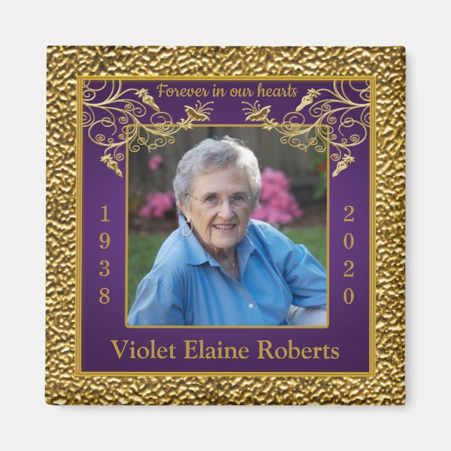Purple, Gold Photo Template Memorial Magnet (Front)