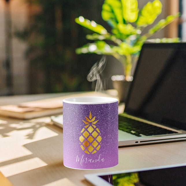 Purple gold pineapple pink glitter name coffee mug (Creator Uploaded)