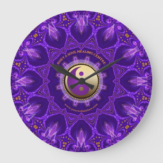 Purple Gold Pink Energy Healing Mandala Large Clock (Front)