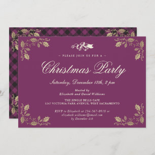 Purple Gold Plaid Christmas Holiday Party Invitation