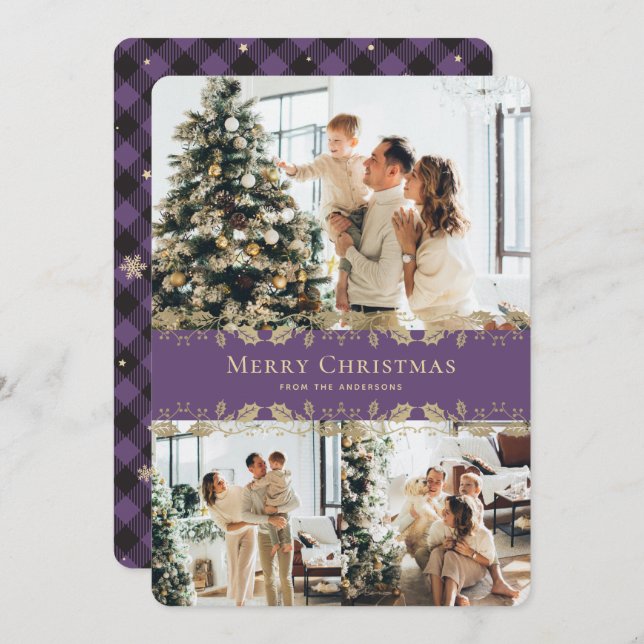 Purple Gold Plaid Elegant Photo Merry Christmas Holiday Card (Front/Back)