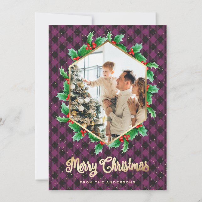 Purple Gold Plaid Snow Watercolor Photo Christmas Holiday Card (Front)
