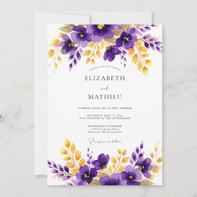 Purple Gold Polished Floral Wedding Invitation (Front)