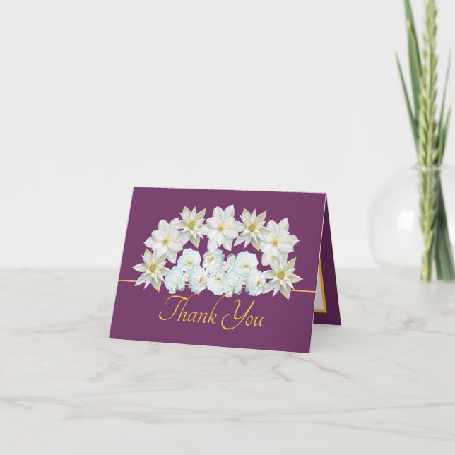 Purple Gold Pretty White Flowers Bouquet Thank You Card (Front)