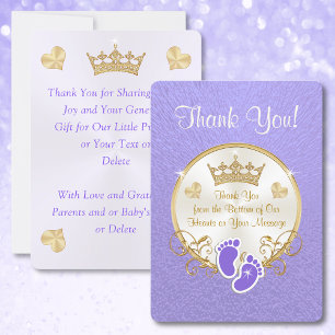 Purple Gold Princess Baby Shower Thank You Cards