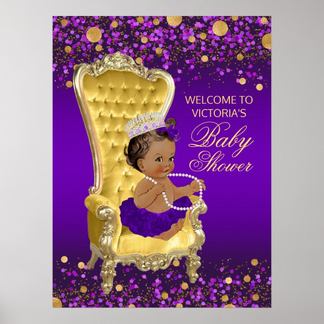 Purple Gold Princess Baby Shower Welcome Sign (Front)