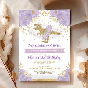 Purple Gold Princess Dinosaur Birthday Invitation