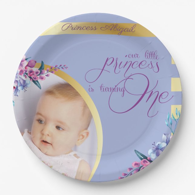 Purple Gold Princess Photo Birthday Paper Plate (Front)