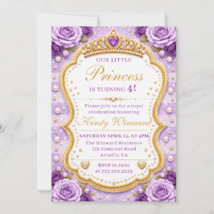 Purple Gold Princess Roses Elegant Royal Birthday Invitation