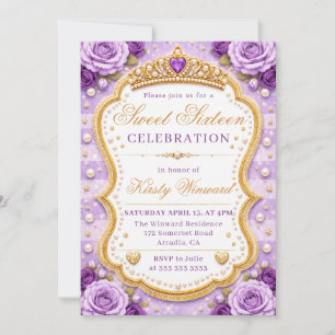 Purple Gold Princess Roses Elegant Sweet 16 Invitation