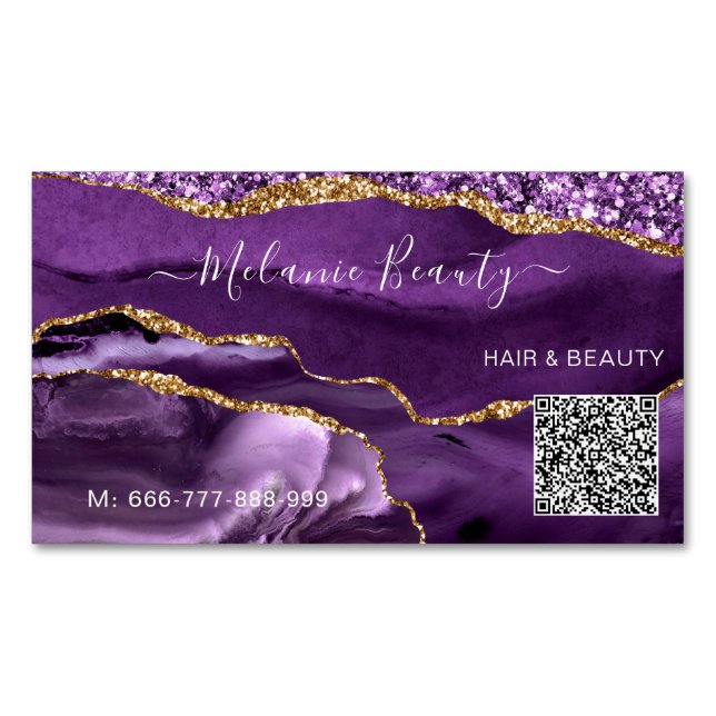 Purple Gold QR Code Magnet Business Card Template (Front)