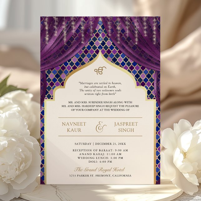 Purple Gold Quatrefoil QR Code Sikh Wedding Invitation (Creator Uploaded)