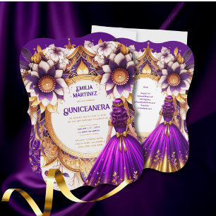 Purple Gold Quinceañera Dress Princess Sweet16 Invitation
