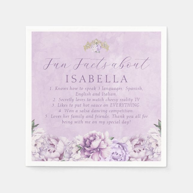 Purple Gold Quinceañera Party Fun Facts Napkins (Front)