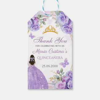 Purple Gold Quinceañera Princess Crown Butterflies Gift Tags