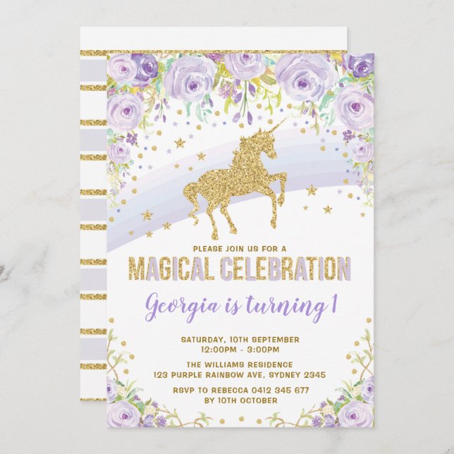 Purple Gold Rainbow Unicorn Birthday Party Invitation (Front/Back)