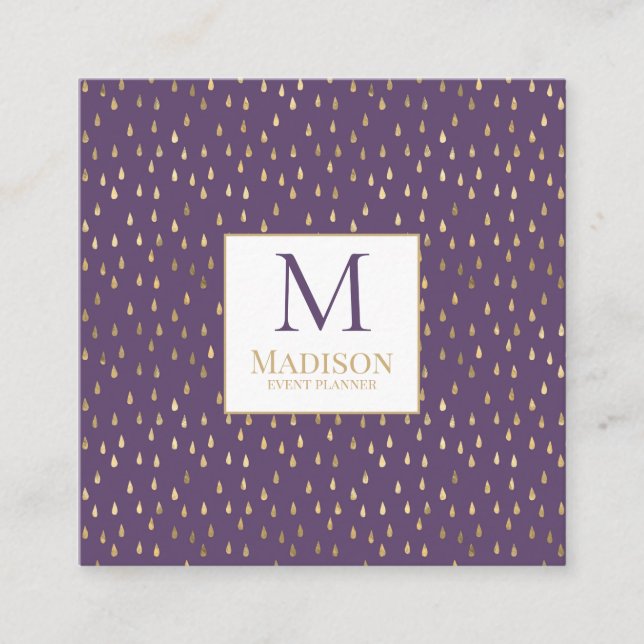 Purple Gold Raindrop Modern Trendy Monogram Square Business Card (Front)