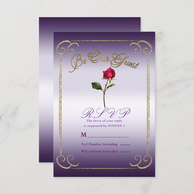 Purple & Gold Red Rose Beauty Wedding RSVP Reply  Invitation (Front/Back)