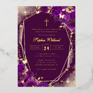 Purple Gold Rose Girls First Communion Foil