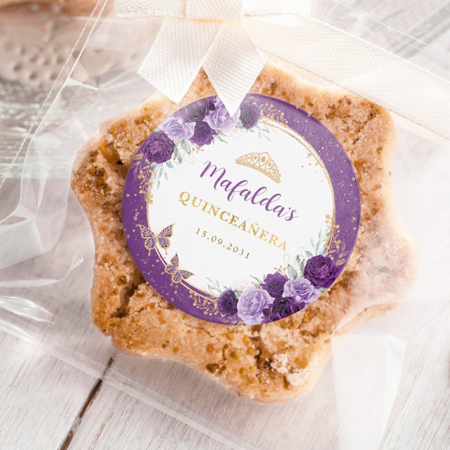 Purple Gold Roses Quinceanera Birthday Favours Classic Round Sticker (Creator Uploaded)
