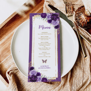 Purple Gold Roses Quinceanera Birthday Menu Card