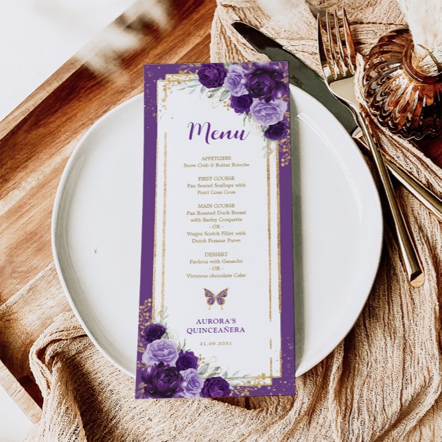 Purple Gold Roses Quinceanera Birthday Menu Card (Creator Uploaded)
