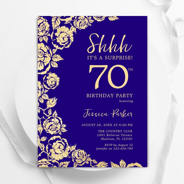 Purple Gold Roses Surprise 70th Birthday Invitation (Creator Uploaded)