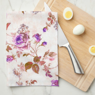 Purple Gold Roses Tea Towel