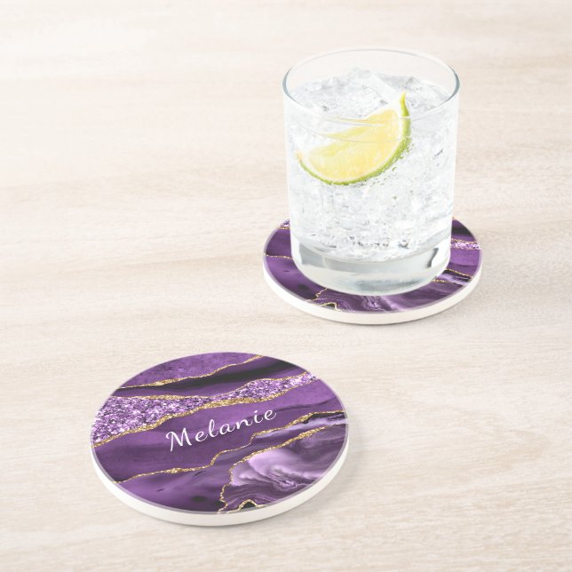 Purple Gold Round Coaster with Custom Name (Side)