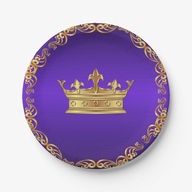 Purple Gold Royal Crown Paper Plate (Front)