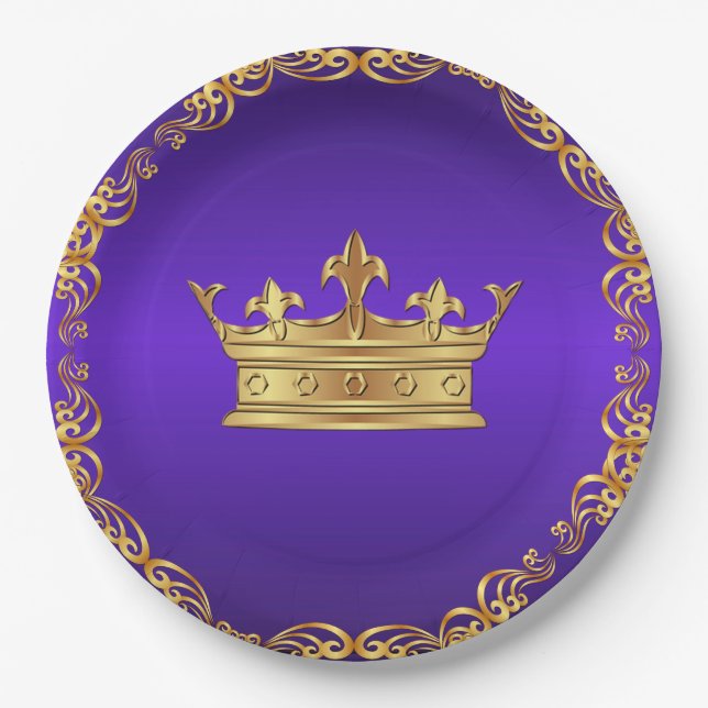 Purple Gold Royal Crown Paper Plate (Front)
