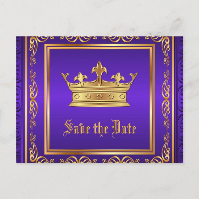 Purple Gold Royal Crown Save the Date Announcement Postcard (Front)