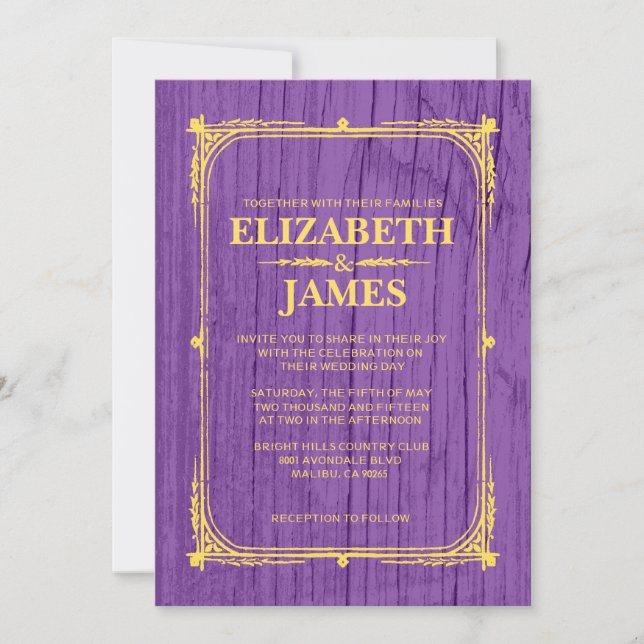 Purple & Gold Rustic Barn Wood Wedding Invitations (Front)