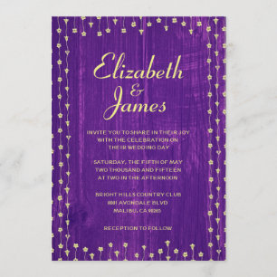 Purple & Gold Rustic Barn Wood Wedding Invitations