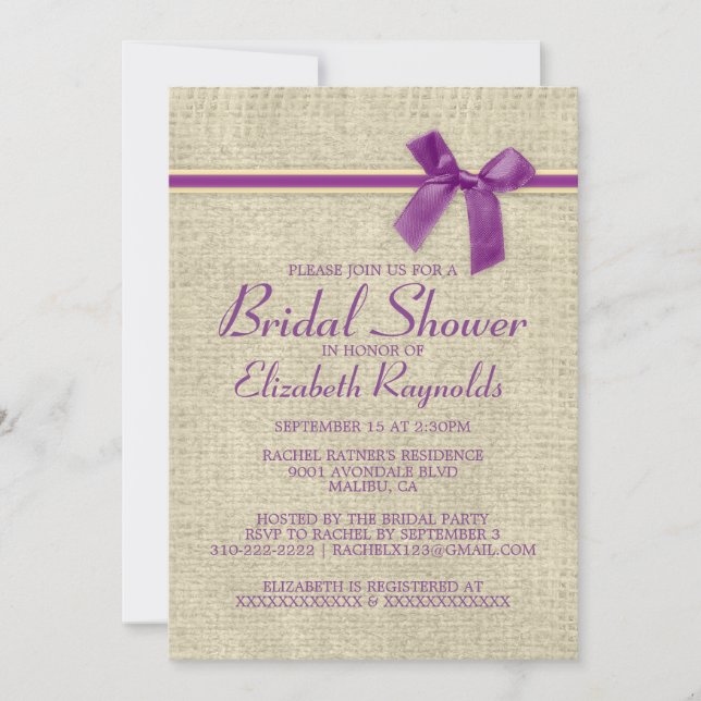 Purple Gold Rustic Burlap Bridal Shower Invitation (Front)